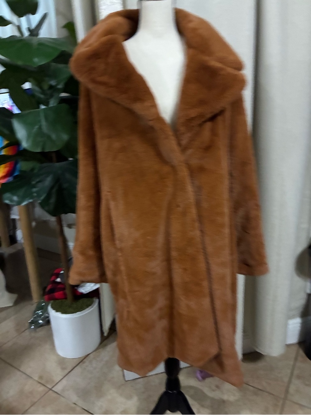 Badgley Mischka Plush Faux Fur Coat in Cognac